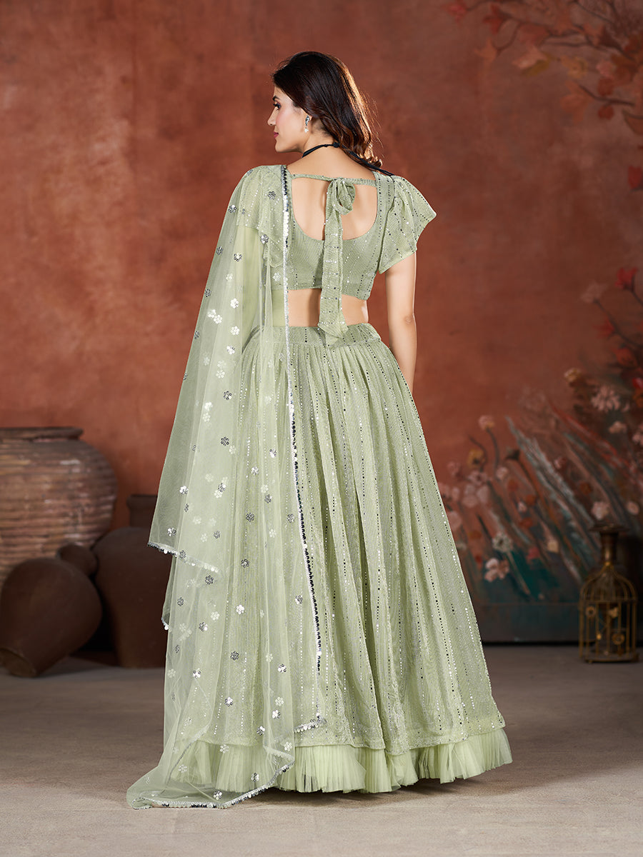 Sea Green Wedding Wear Sequins Embroidered Lehenga Choli