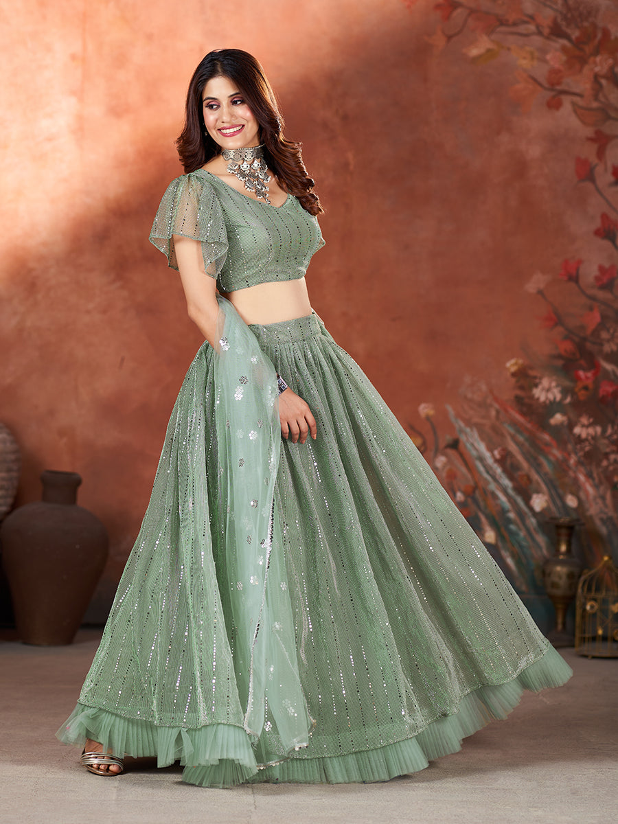 Green Wedding Wear Sequins Embroidered Lehenga Choli