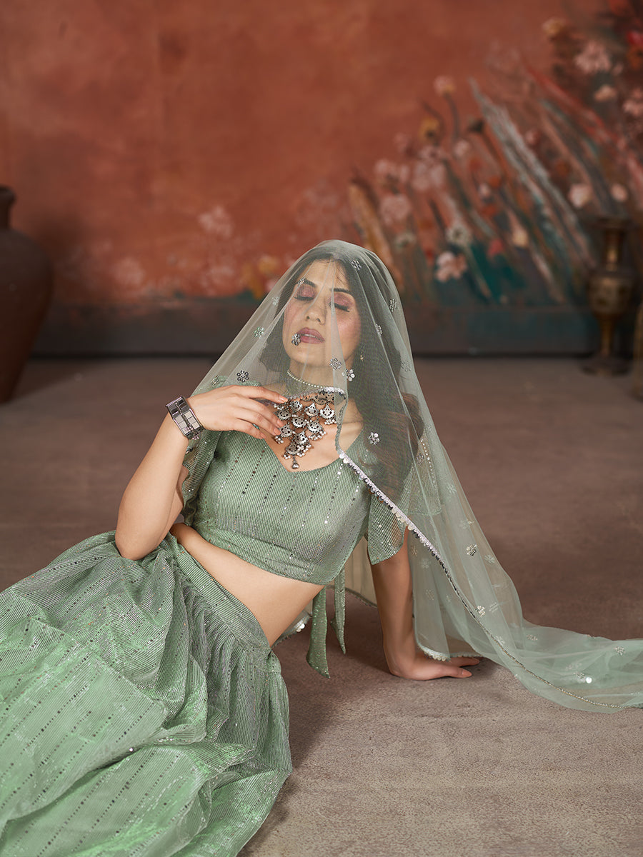 Green Wedding Wear Sequins Embroidered Lehenga Choli