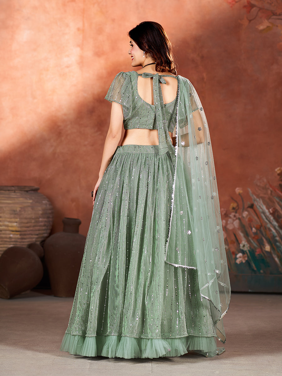 Green Wedding Wear Sequins Embroidered Lehenga Choli