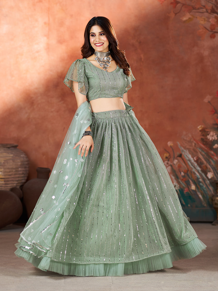 Green Wedding Wear Sequins Embroidered Lehenga Choli