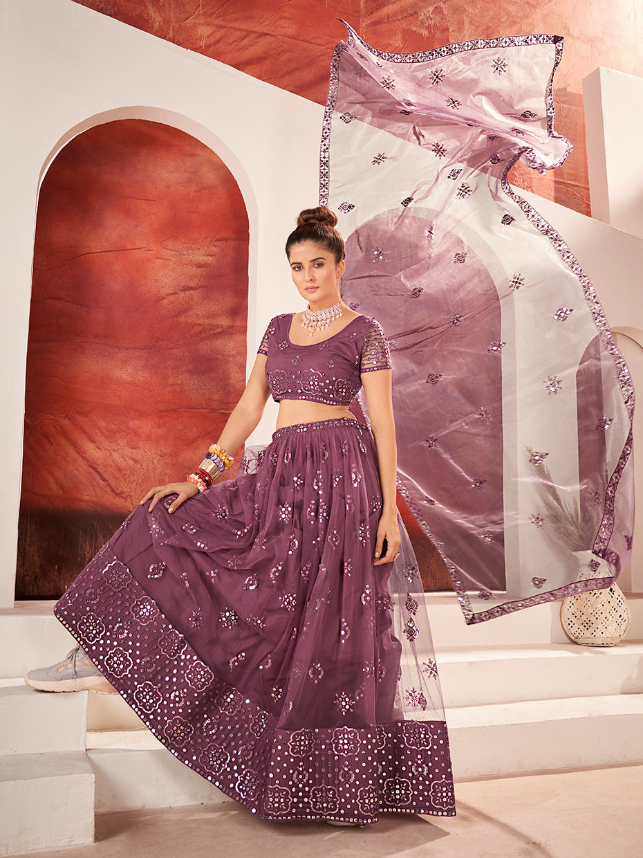 Prettiest Mauve Soft Net Sequins Embroidered Lehenga Choli