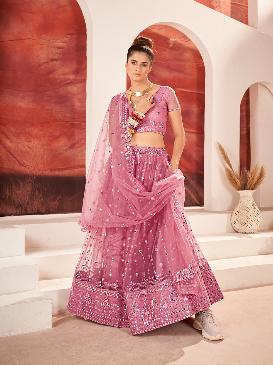 Rose Pink Sequins Embroidered Net Lehenga Choli