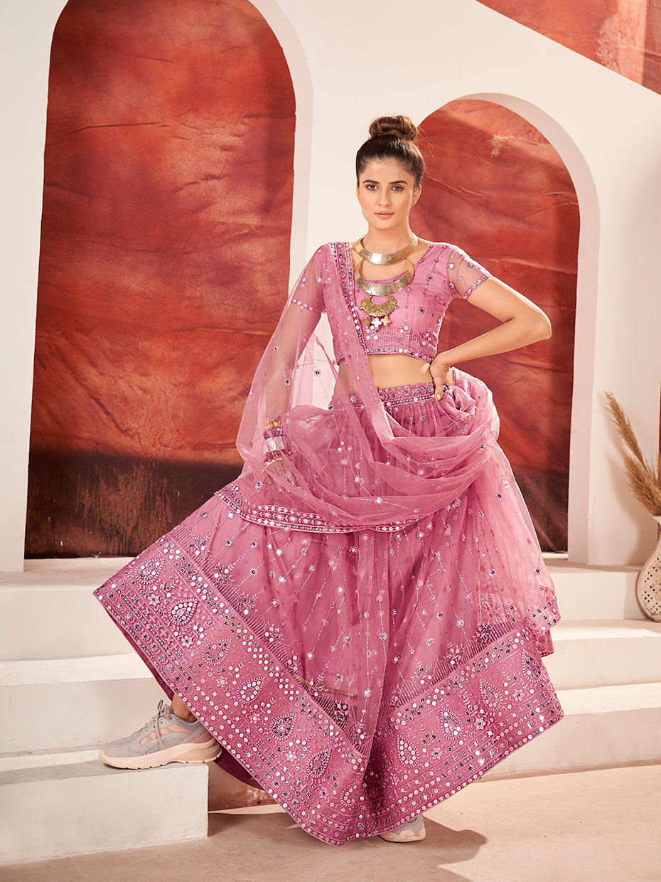 Rose Pink Sequins Embroidered Net Lehenga Choli