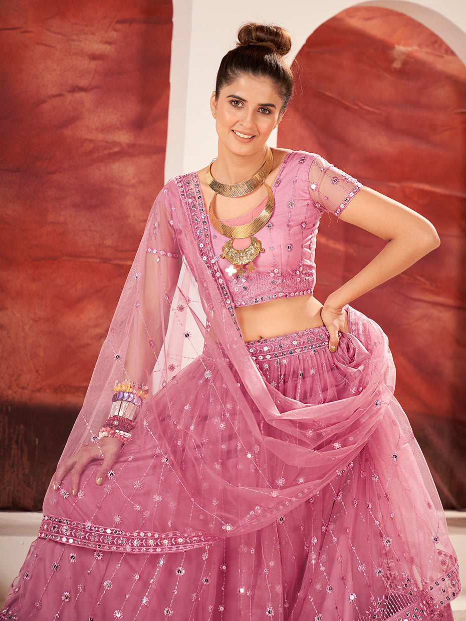 Rose Pink Sequins Embroidered Net Lehenga Choli