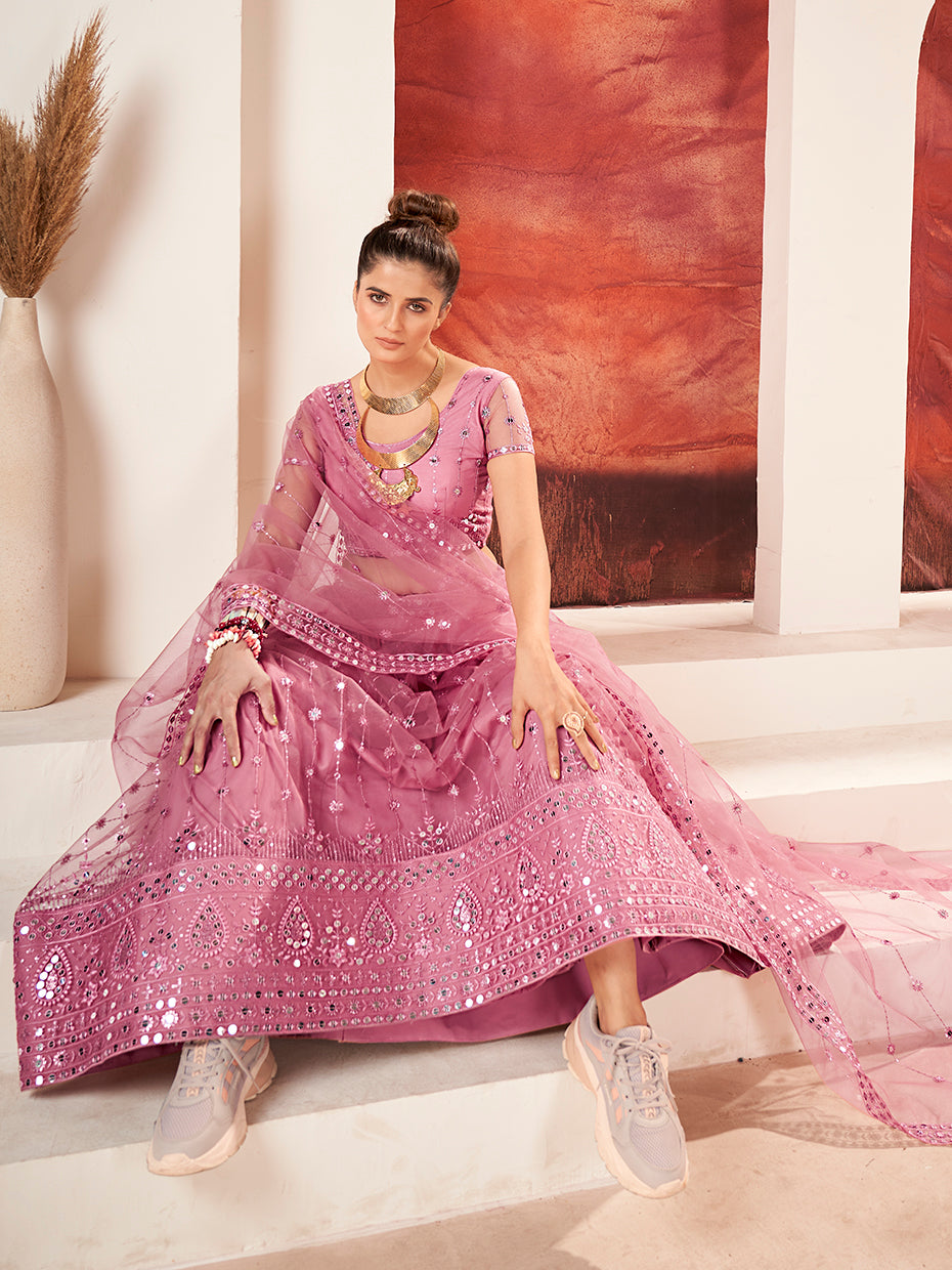 Rose Pink Sequins Embroidered Net Lehenga Choli