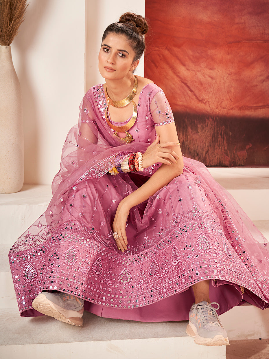 Rose Pink Sequins Embroidered Net Lehenga Choli