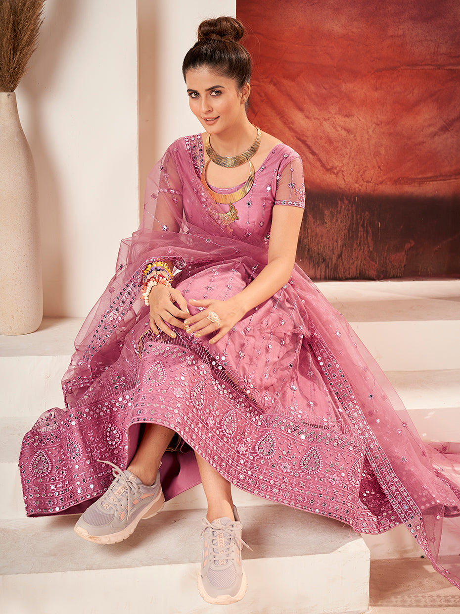 Rose Pink Sequins Embroidered Net Lehenga Choli