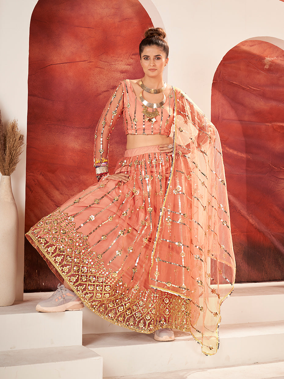 Peach Sequence Embroidered Soft Net Lehenga Choli