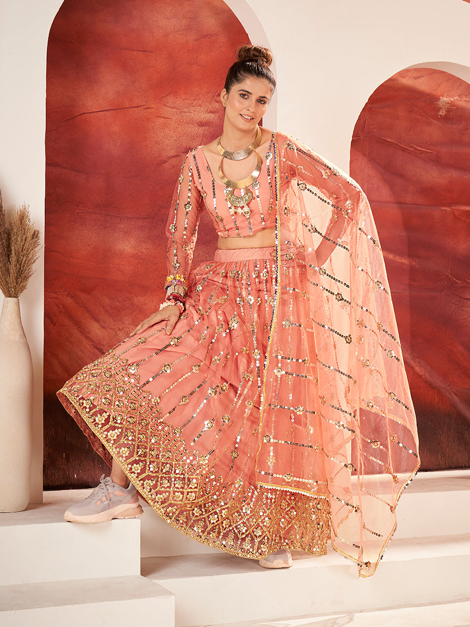 Peach Sequence Embroidered Soft Net Lehenga Choli