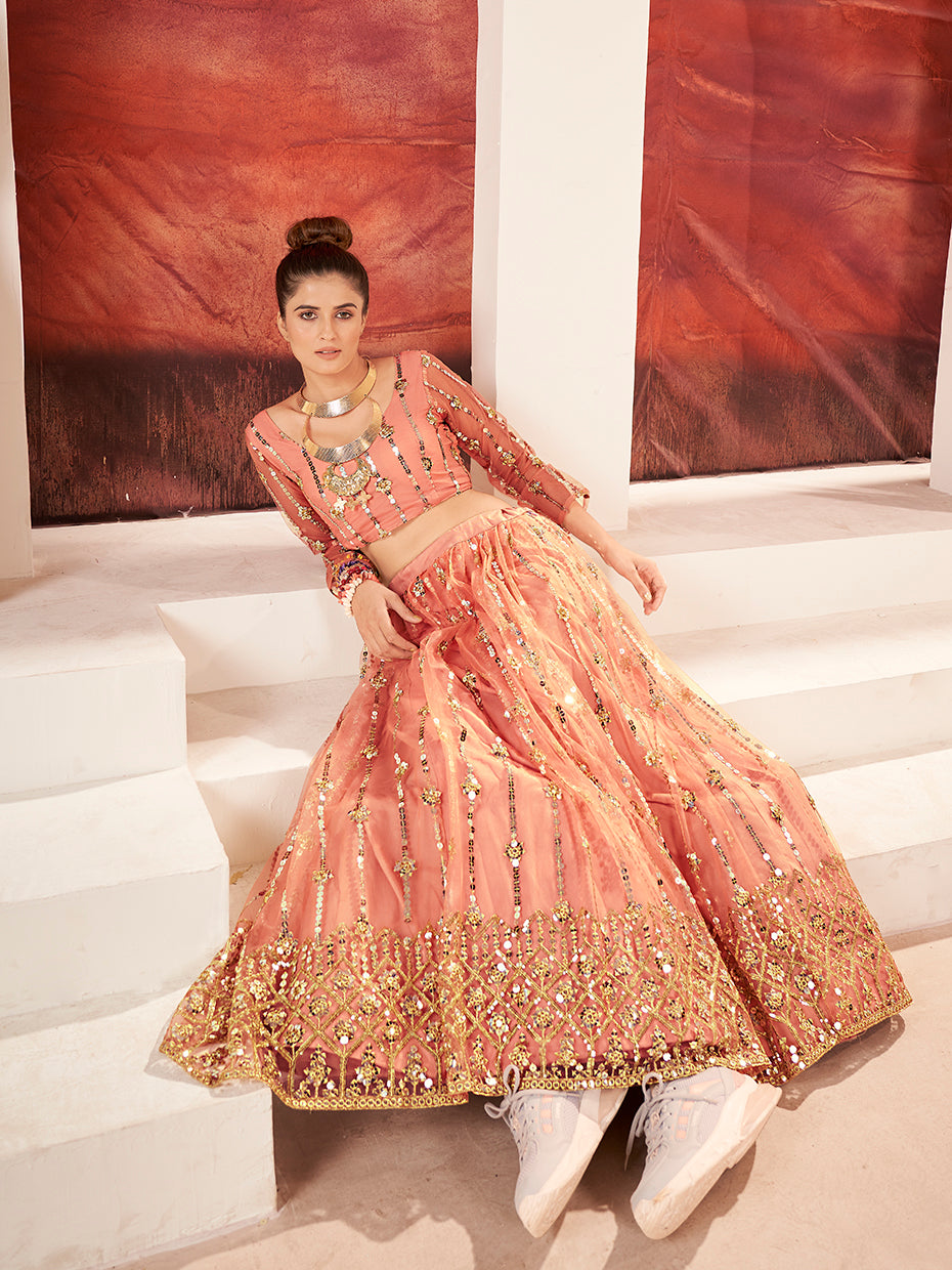 Peach Sequence Embroidered Soft Net Lehenga Choli