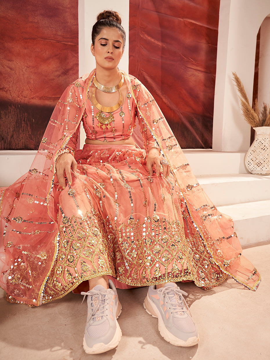 Peach Sequence Embroidered Soft Net Lehenga Choli