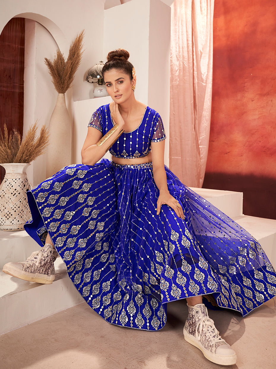 Royal Blue Sequins Embroidered Net Lehenga Choli