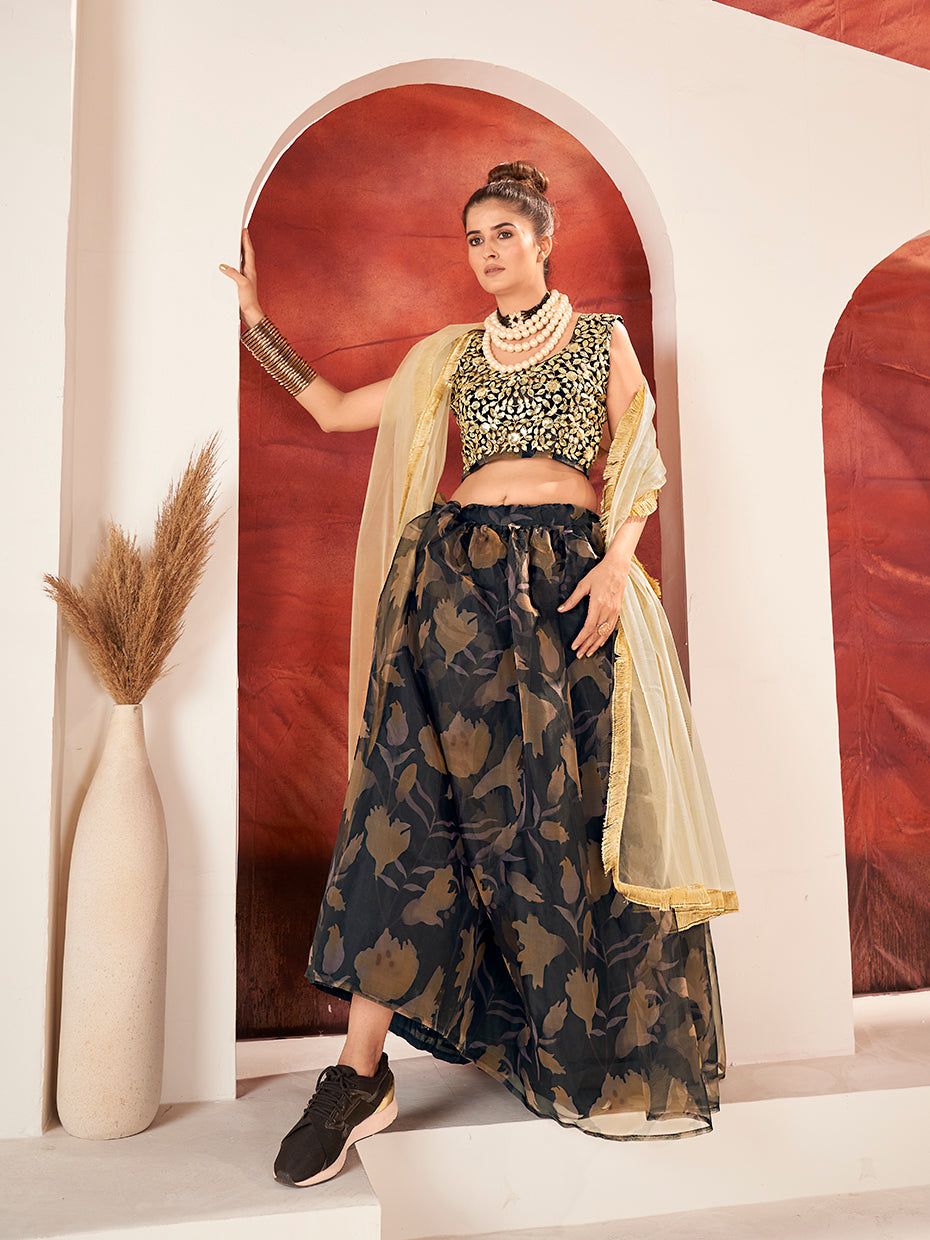 Black & Cream Organza Printed Lehenga Choli