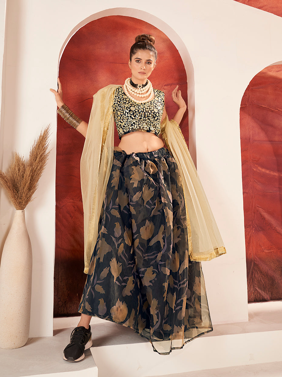 Black & Cream Organza Printed Lehenga Choli