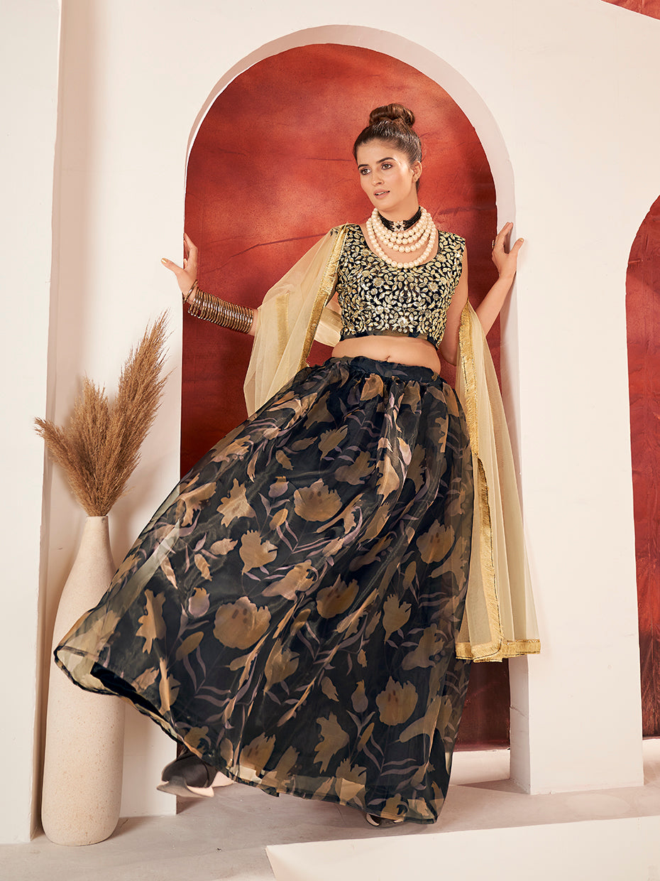 Black & Cream Organza Printed Lehenga Choli