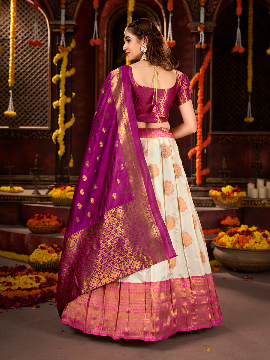 Off White & Purple Banarasi Silk Half Saree Lehenga Choli