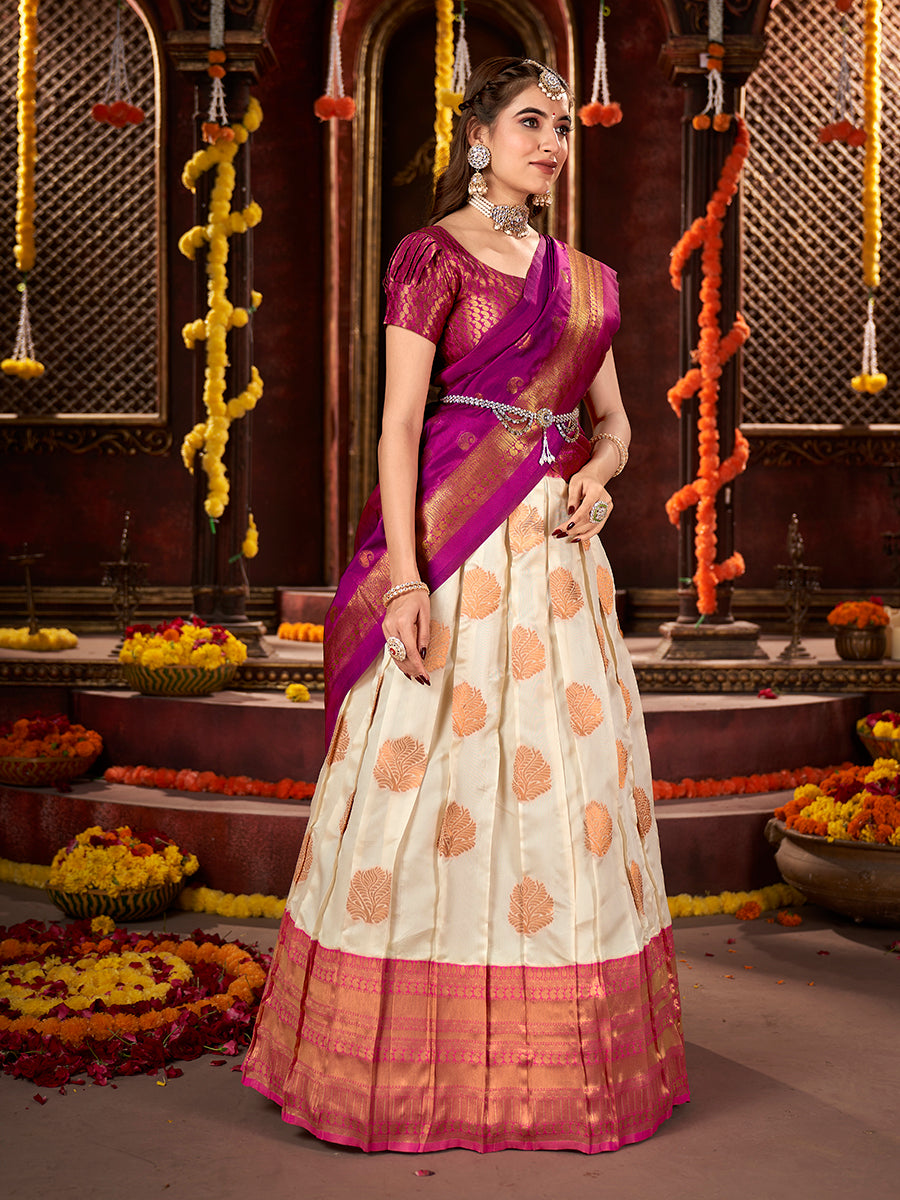 Off White & Purple Banarasi Silk Half Saree Lehenga Choli