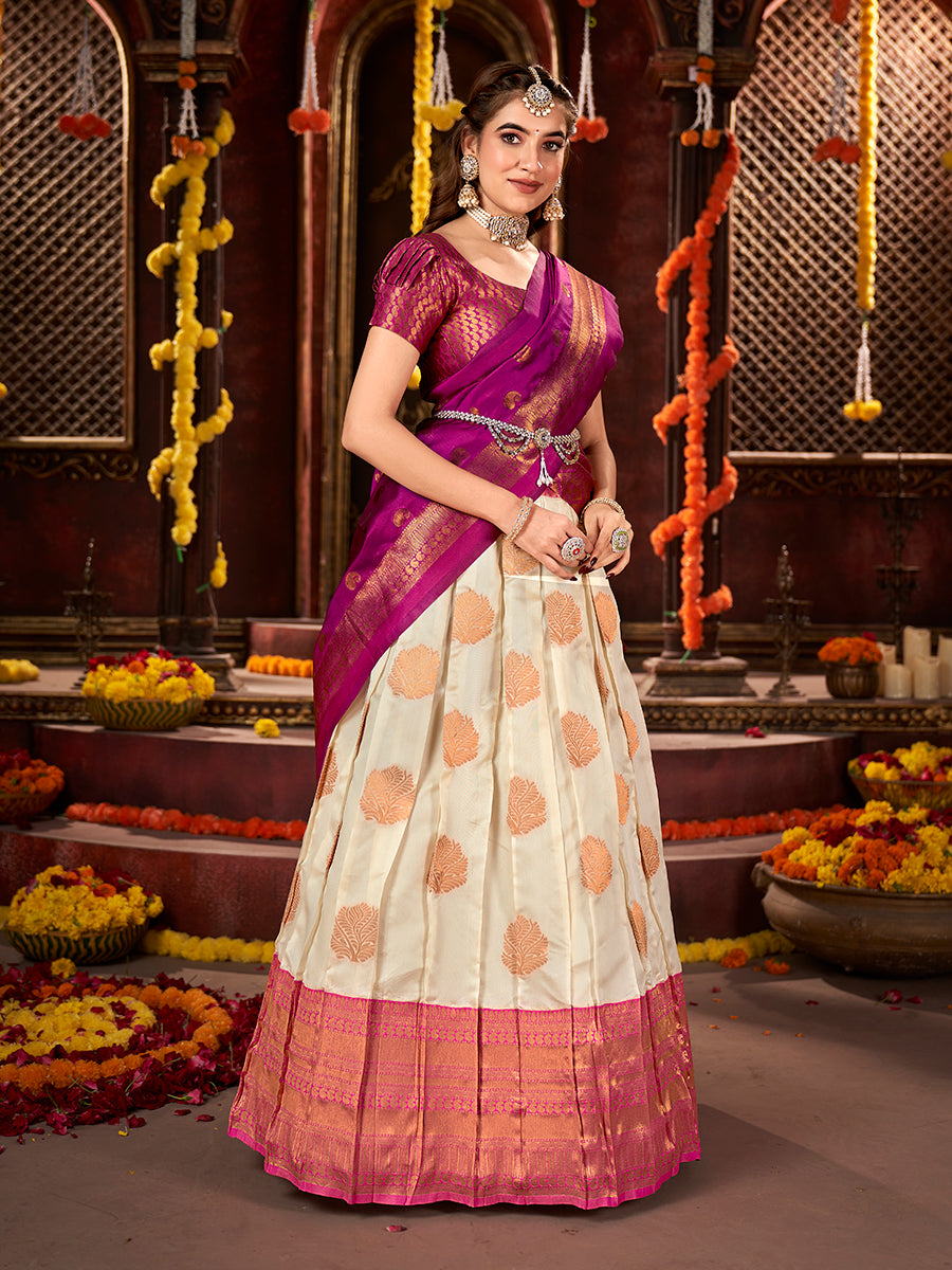 Off White & Purple Banarasi Silk Half Saree Lehenga Choli