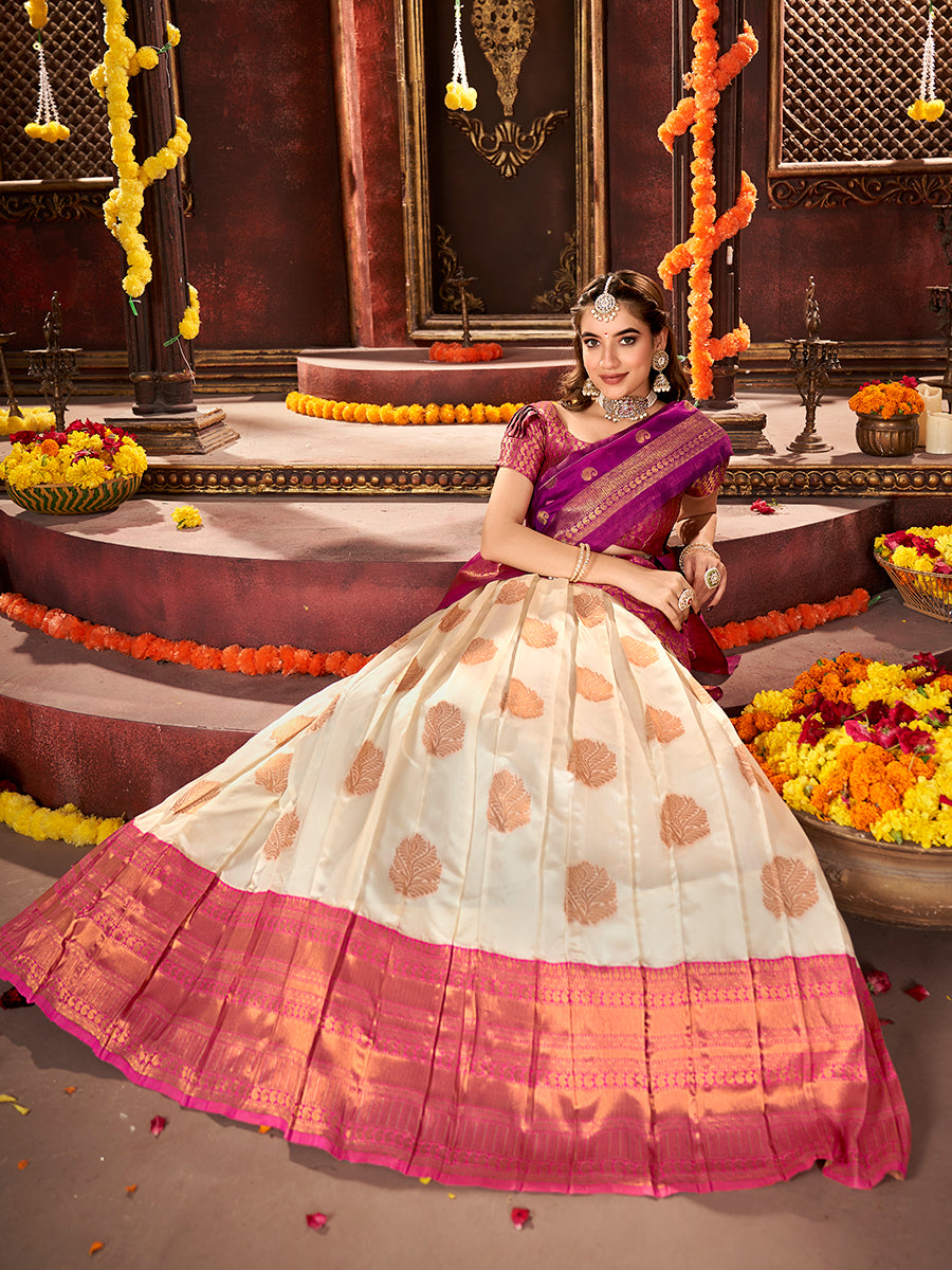 Off White & Purple Banarasi Silk Half Saree Lehenga Choli