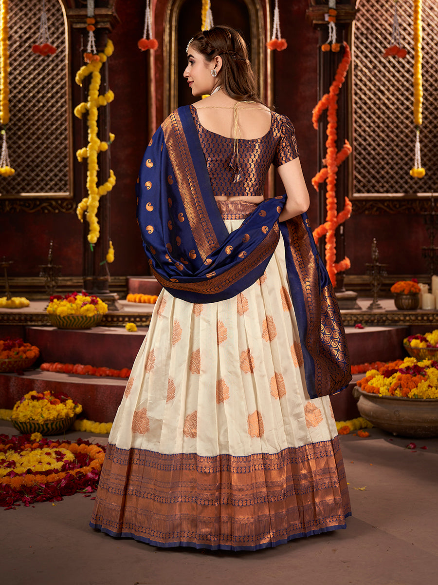 Off White & Blue Banarasi Silk Half Saree Lehenga Choli