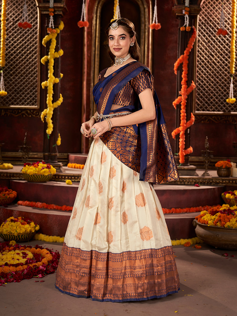 Off White & Blue Banarasi Silk Half Saree Lehenga Choli