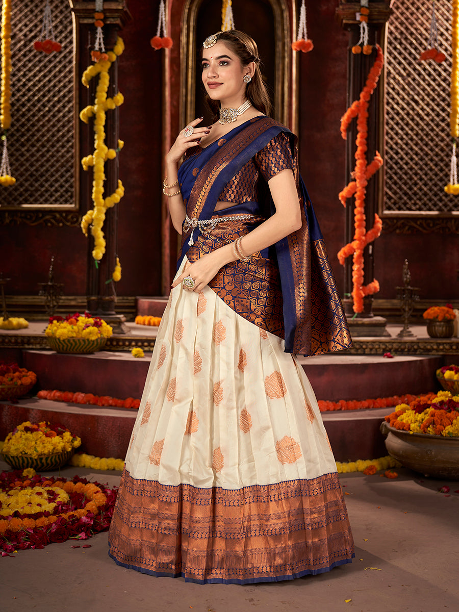 Off White & Blue Banarasi Silk Half Saree Lehenga Choli