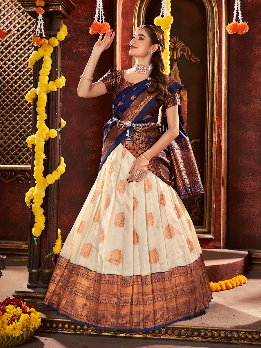 Off White & Blue Banarasi Silk Half Saree Lehenga Choli