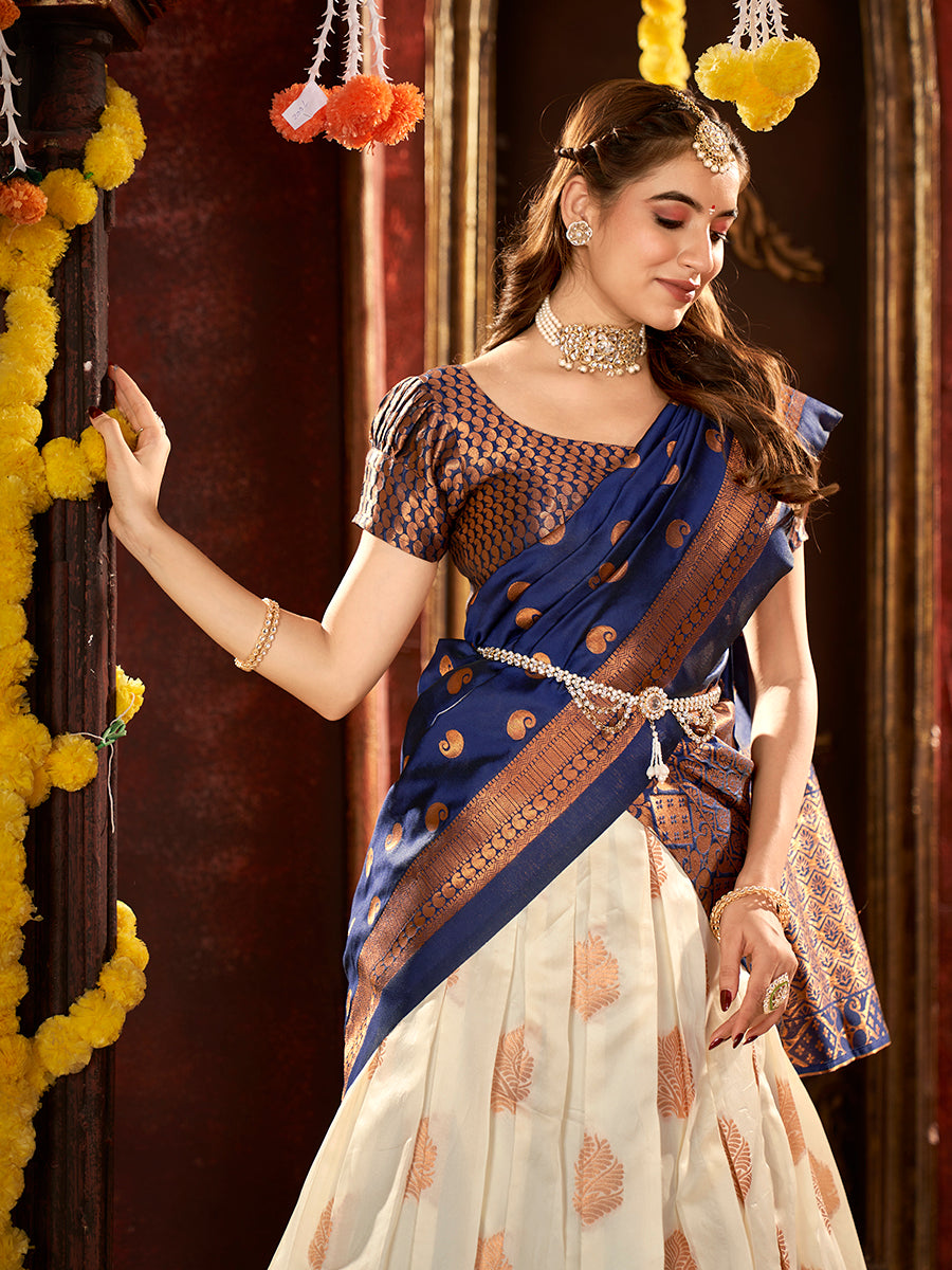 Off White & Blue Banarasi Silk Half Saree Lehenga Choli