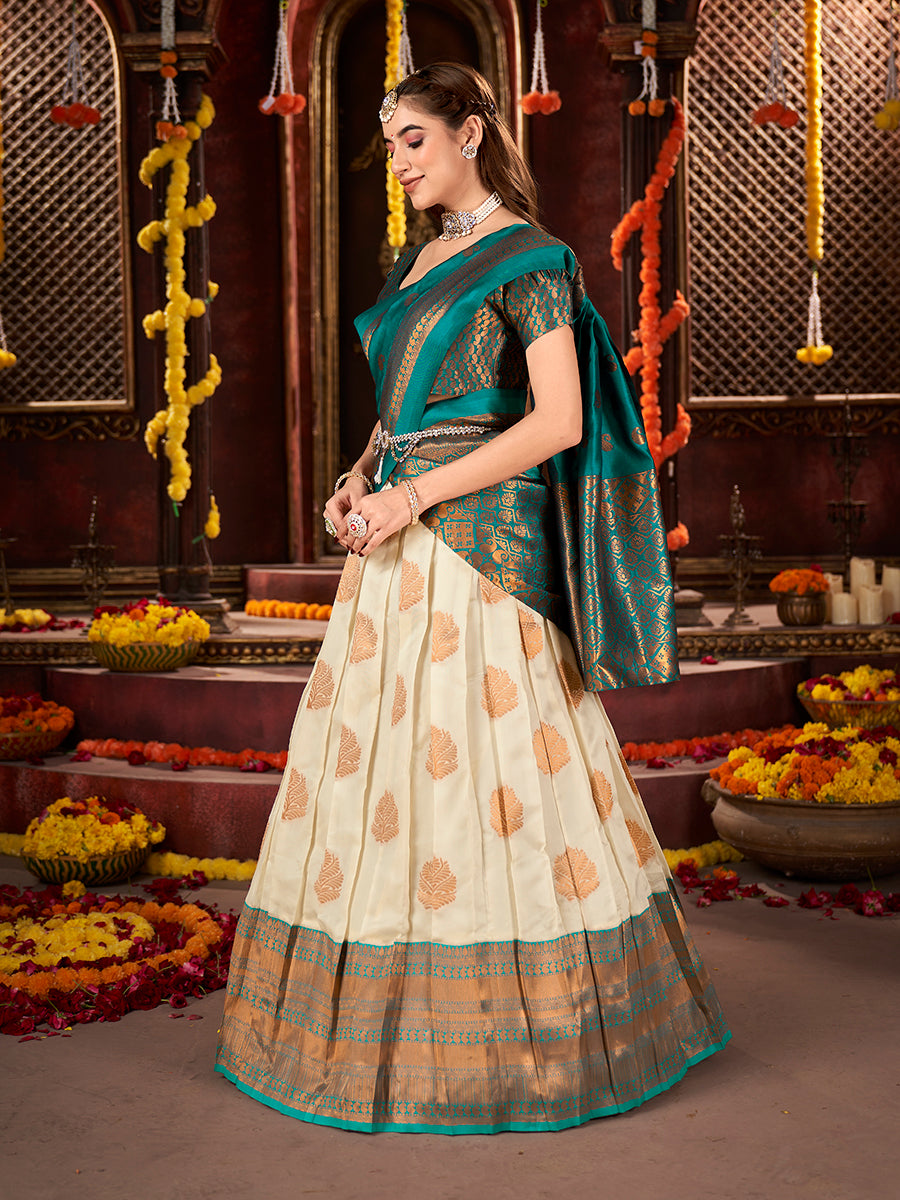 Off White & Teal Banarasi Silk Half Saree Lehenga Choli