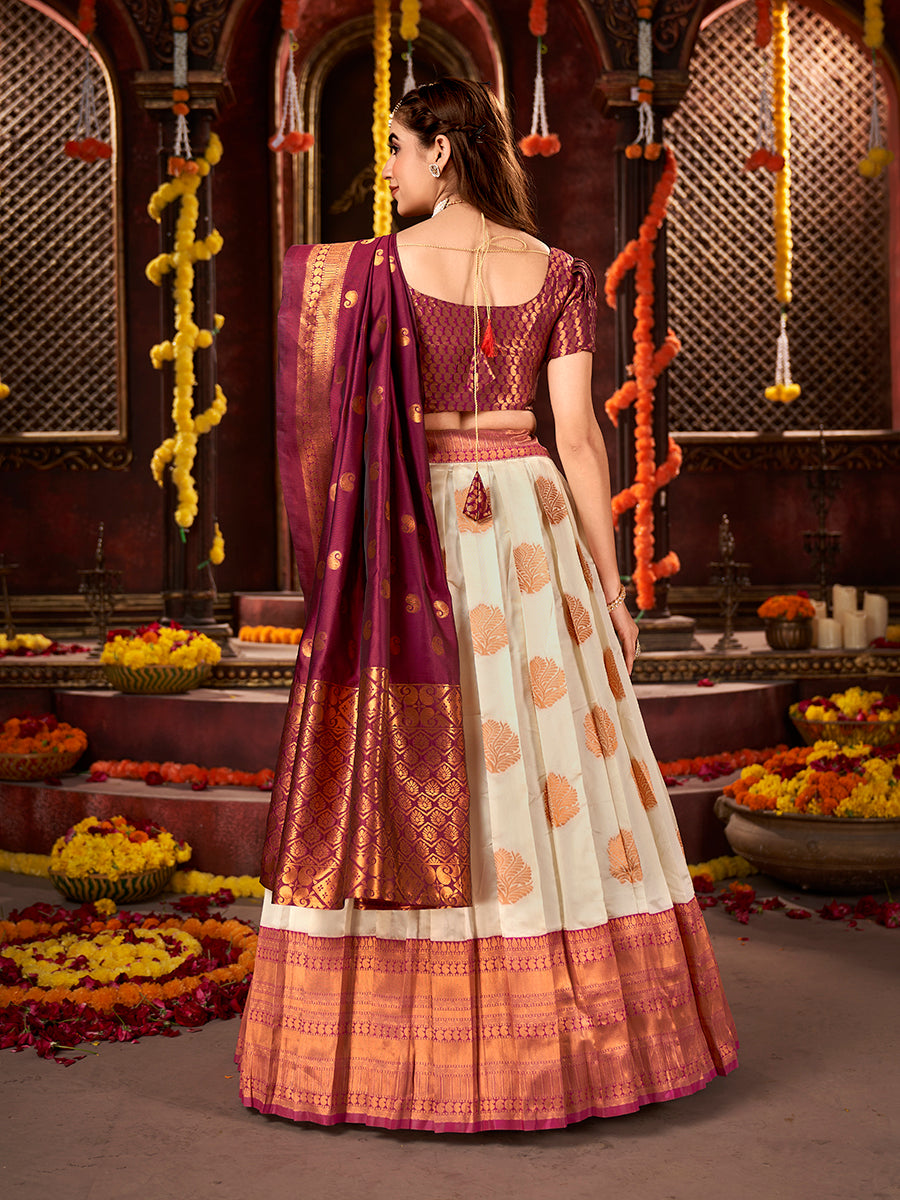 Off White & Wine Banarasi Silk Half Saree Lehenga Choli