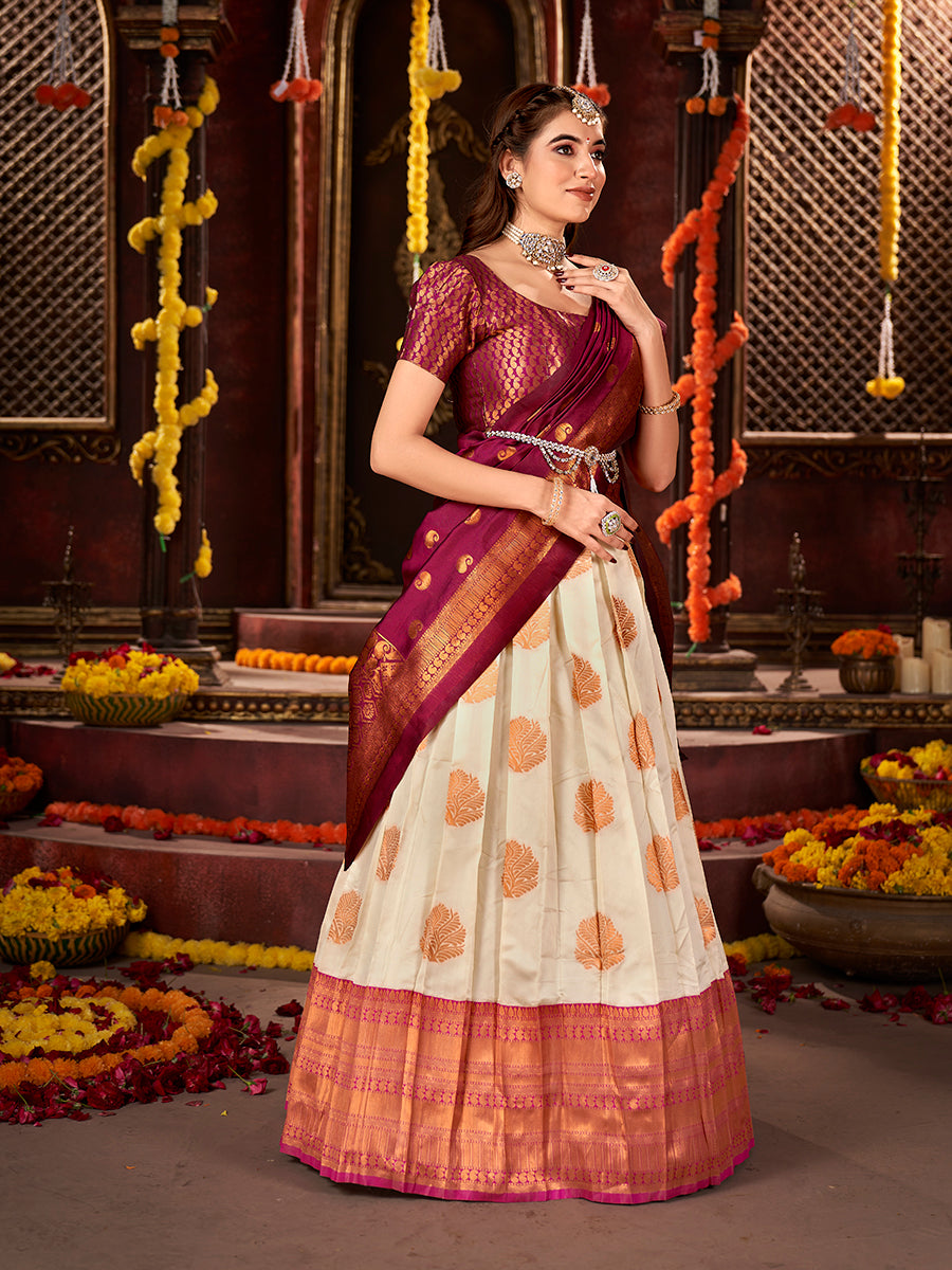 Off White & Wine Banarasi Silk Half Saree Lehenga Choli