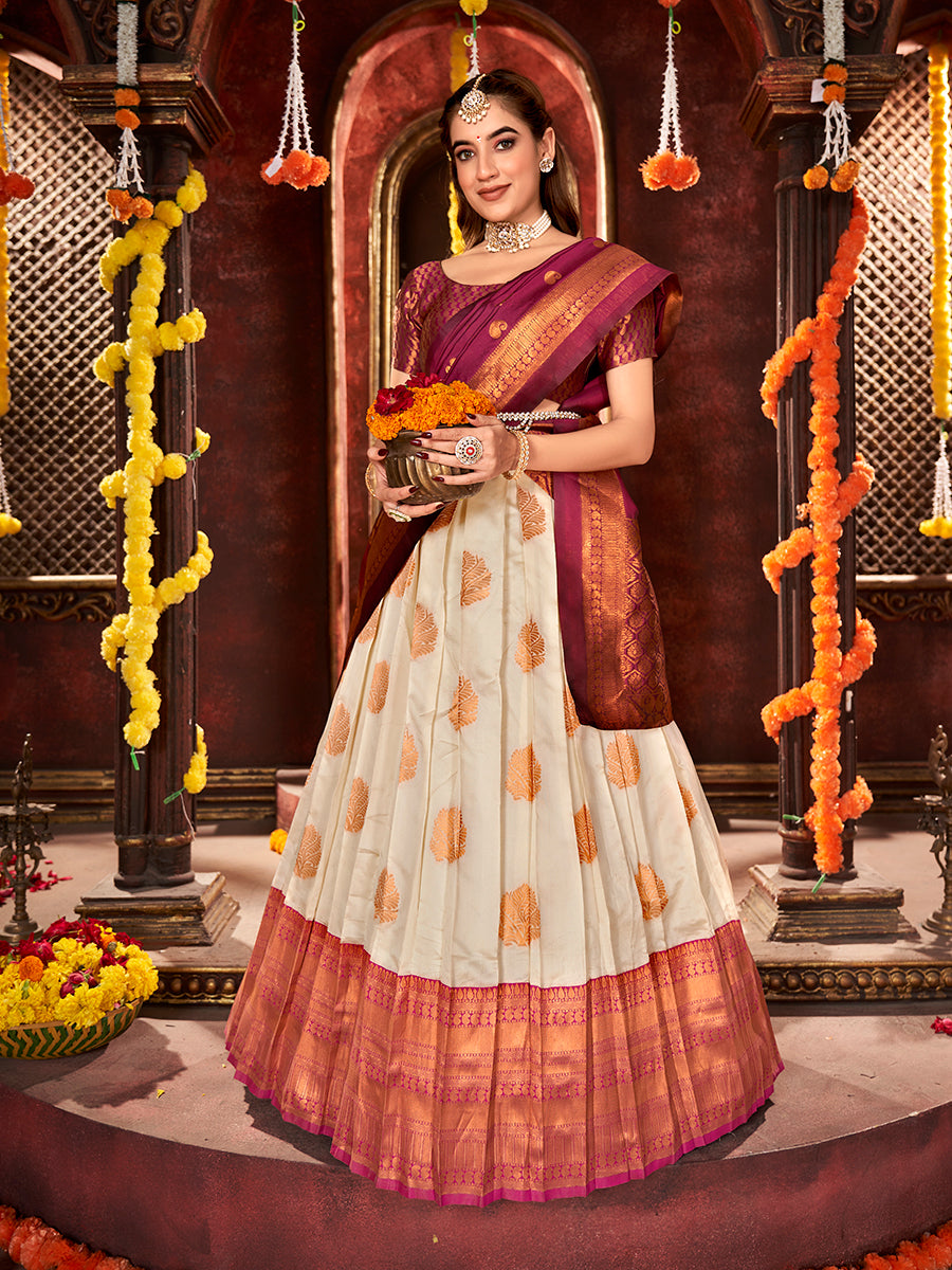 Off White & Wine Banarasi Silk Half Saree Lehenga Choli