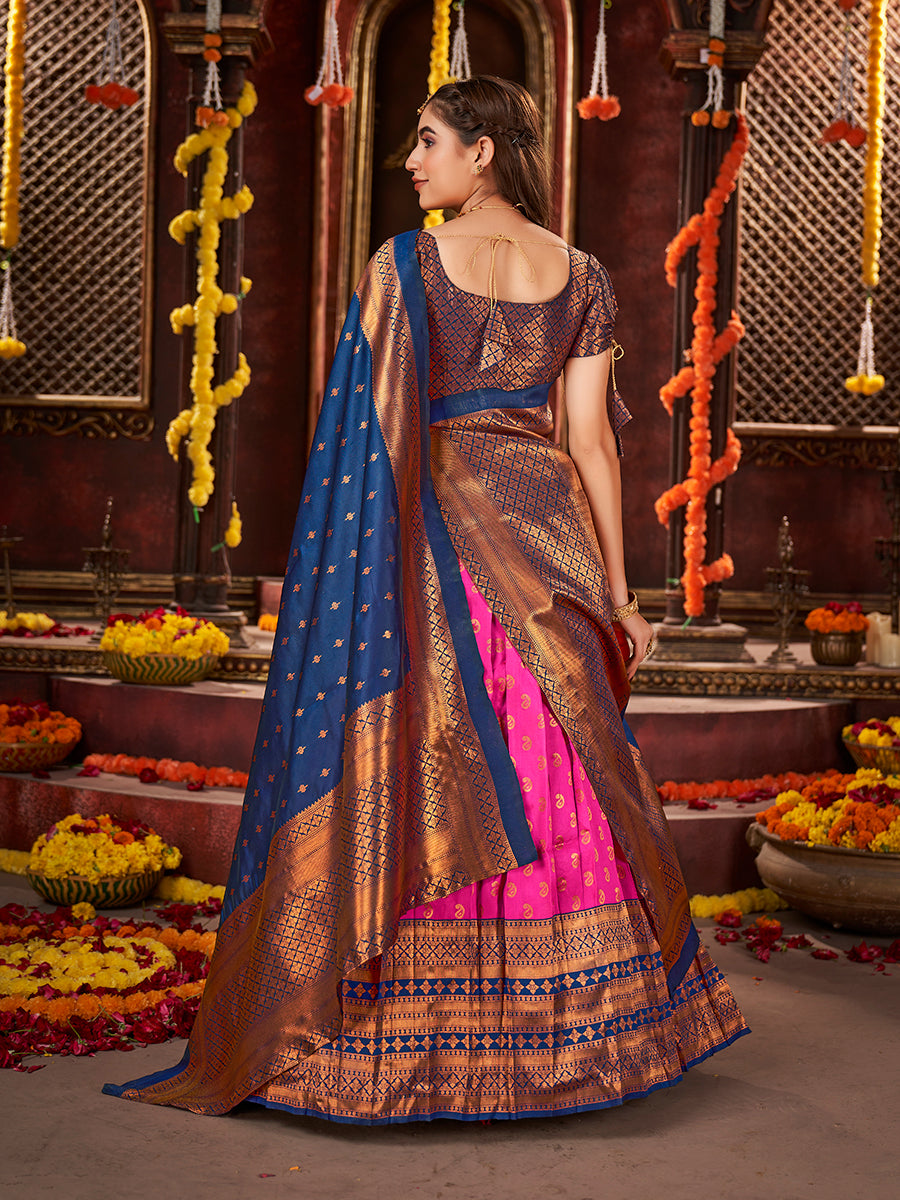 Pink & Dark Blue Banarasi Silk Half Saree Lehenga Choli