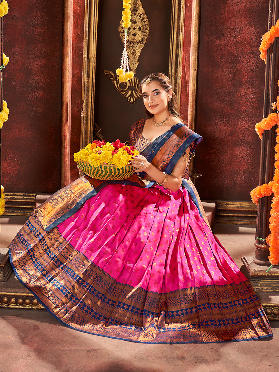 Pink & Dark Blue Banarasi Silk Half Saree Lehenga Choli