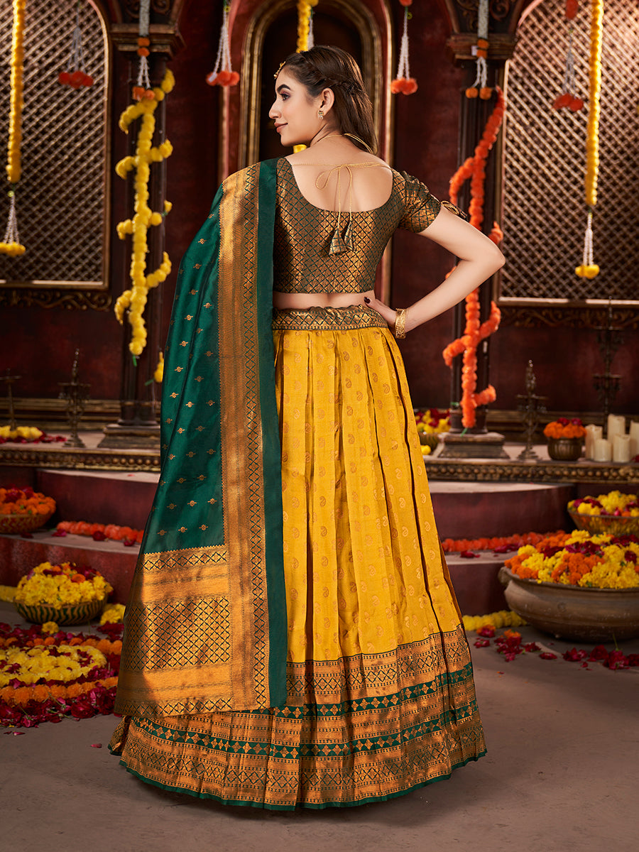 Yellow & Dark Green Banarasi Silk Half Saree Lehenga Choli