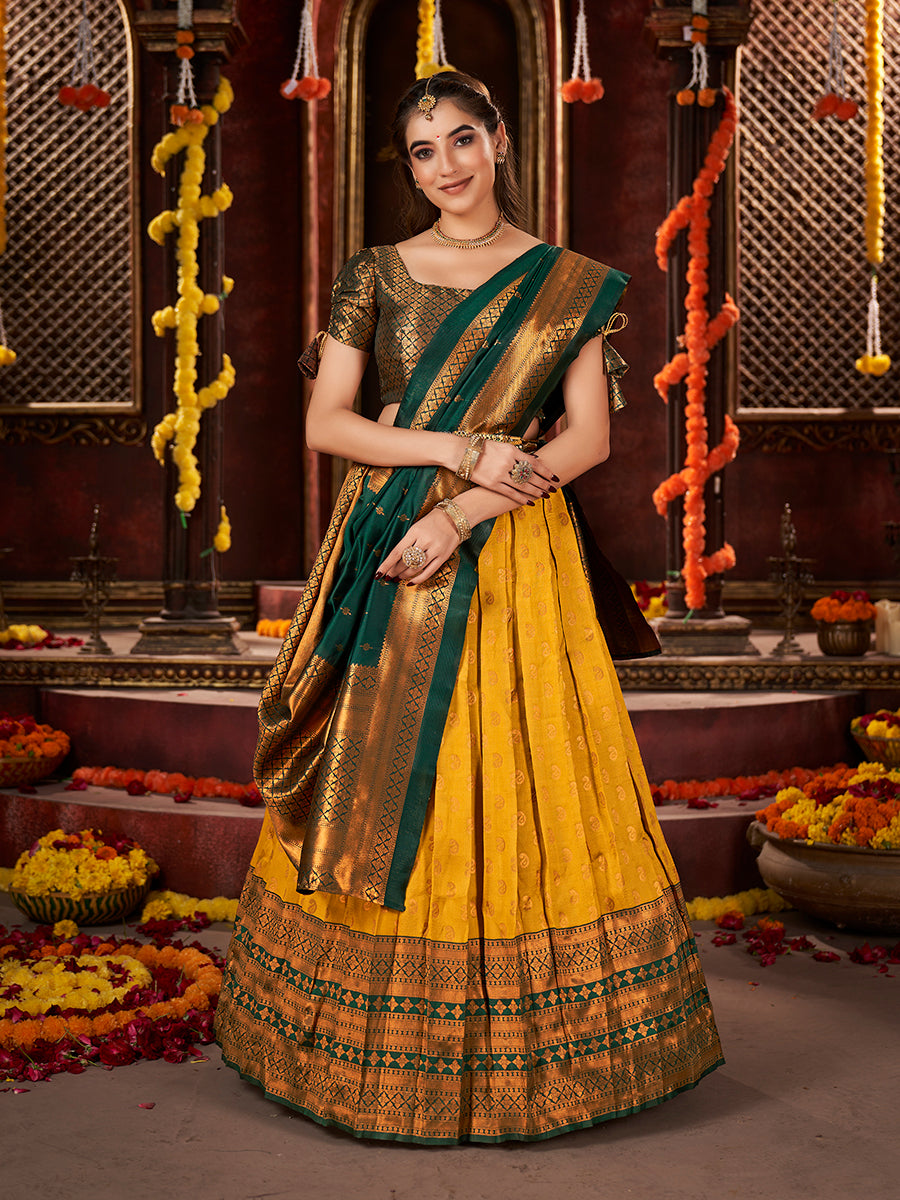 Yellow & Dark Green Banarasi Silk Half Saree Lehenga Choli