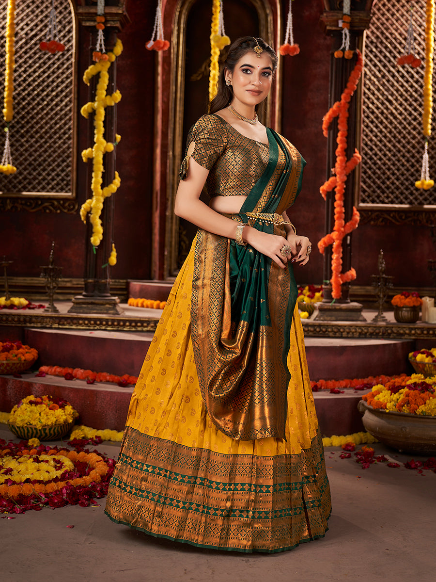 Yellow & Dark Green Banarasi Silk Half Saree Lehenga Choli