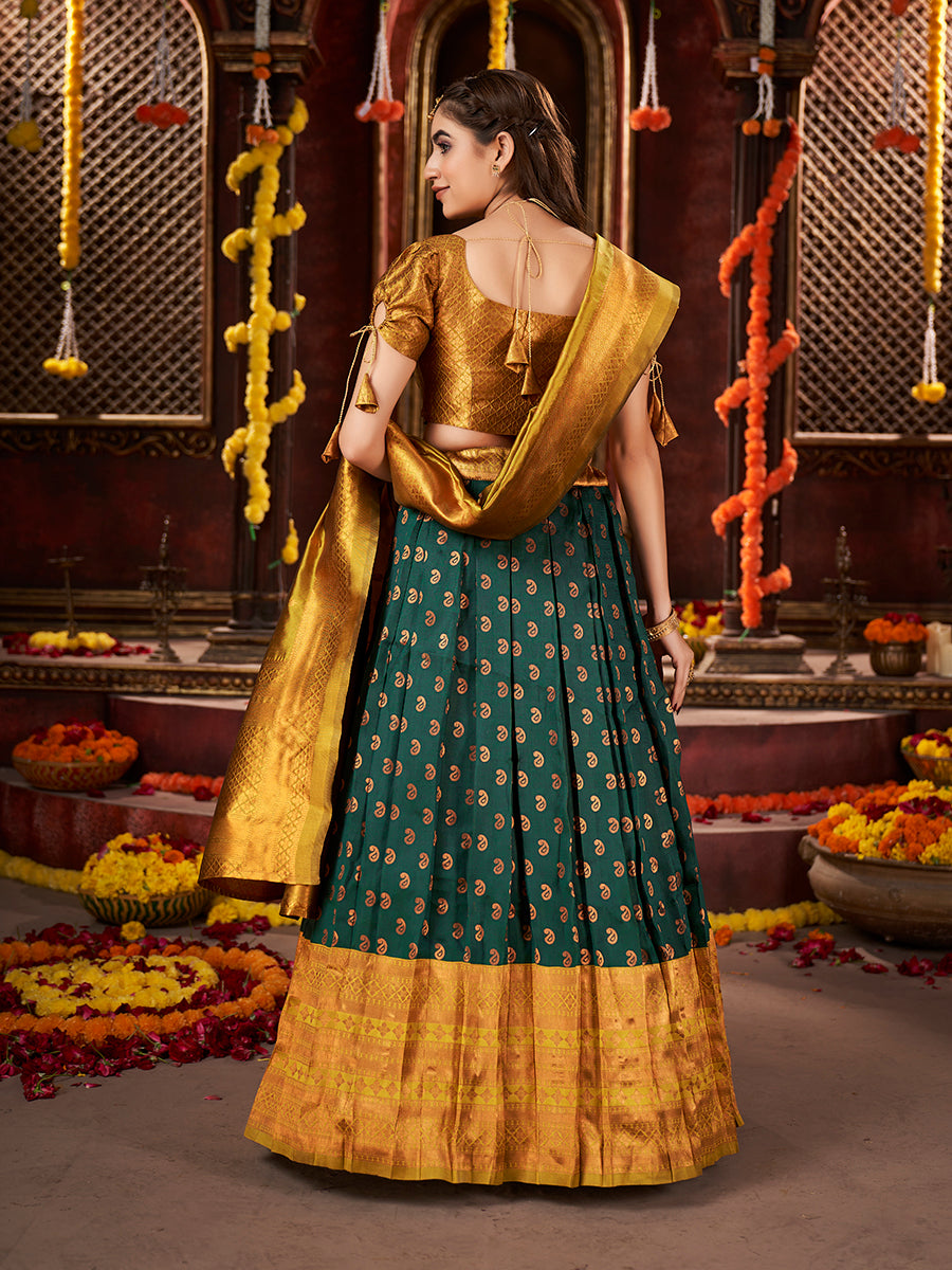 Dark Green & Yellow Banarasi Silk Half Saree Lehenga Choli