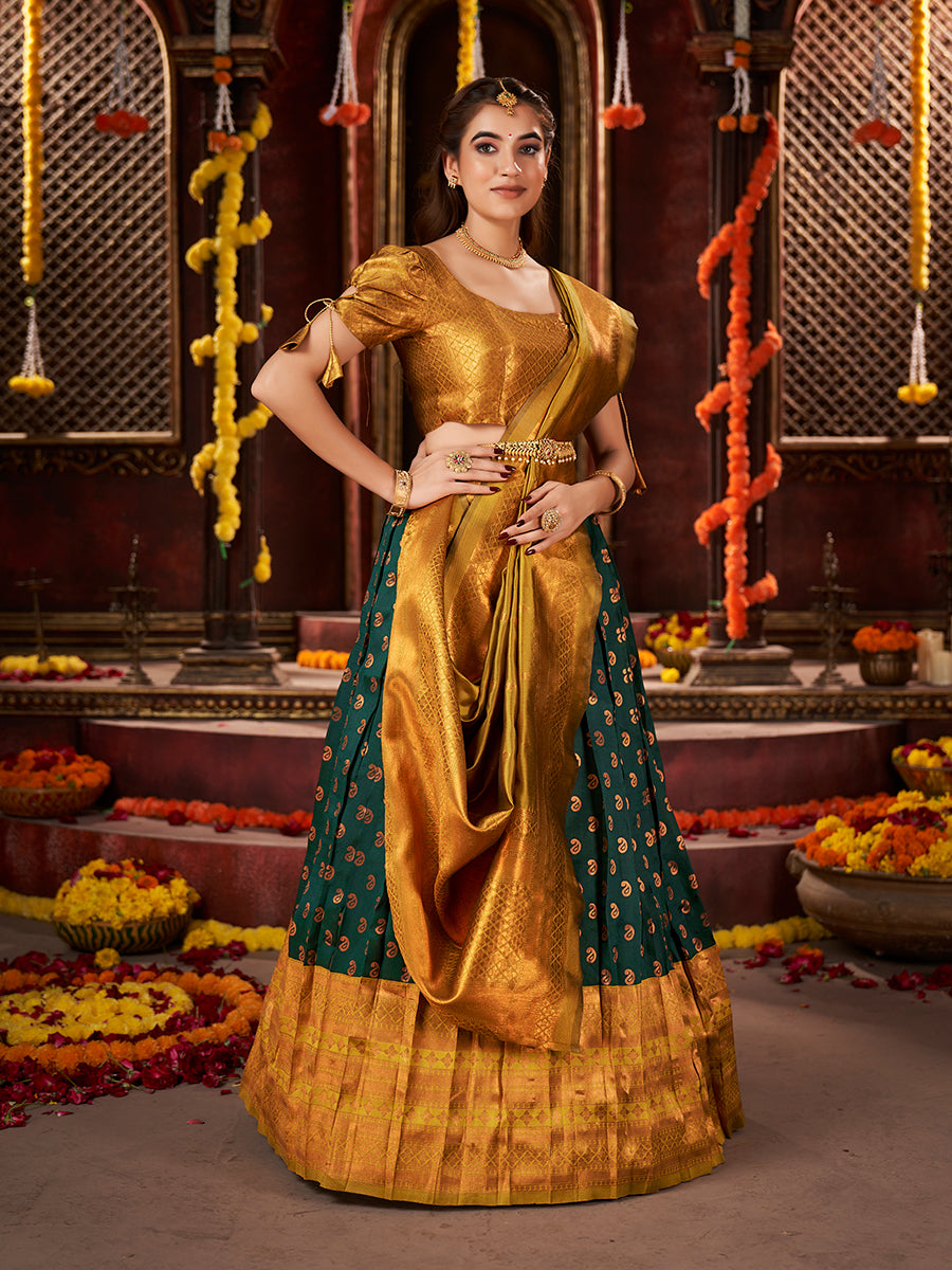 Dark Green & Yellow Banarasi Silk Half Saree Lehenga Choli