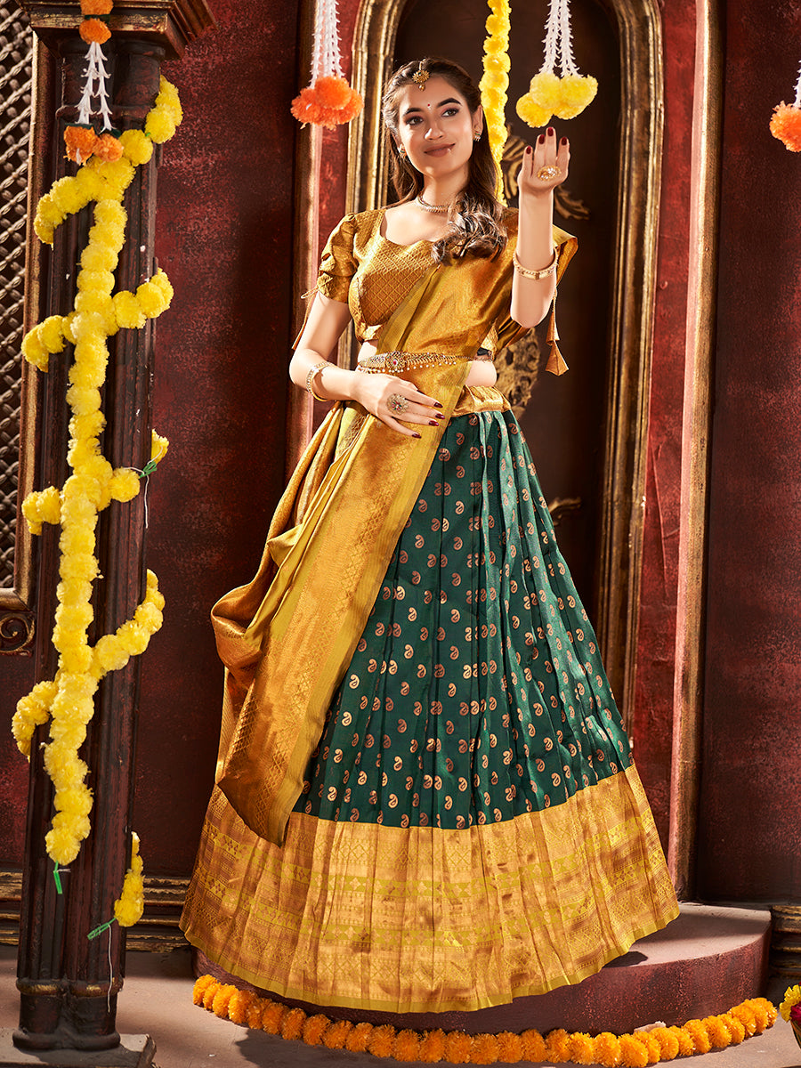 Dark Green & Yellow Banarasi Silk Half Saree Lehenga Choli