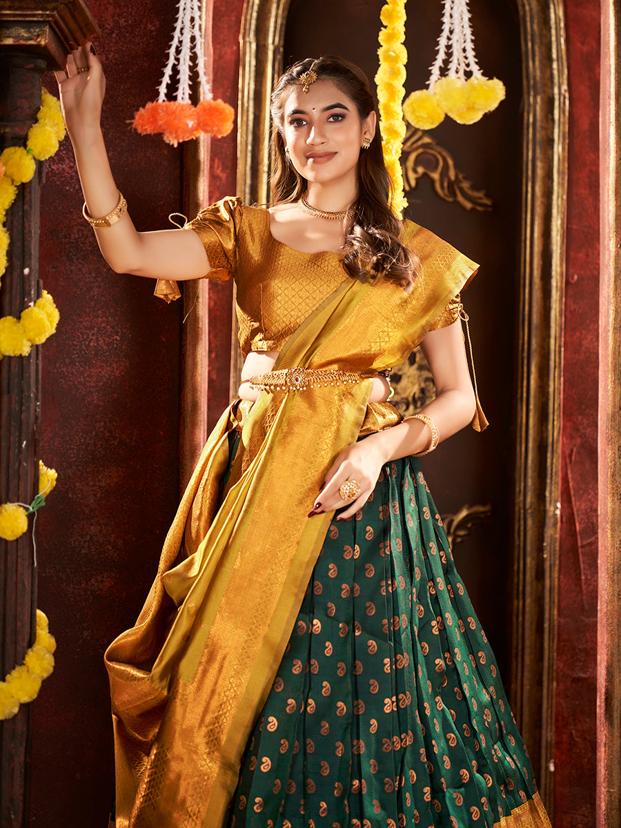 Dark Green & Yellow Banarasi Silk Half Saree Lehenga Choli