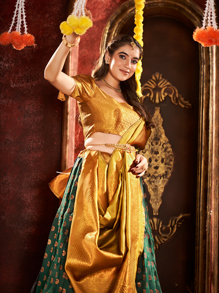 Dark Green & Yellow Banarasi Silk Half Saree Lehenga Choli