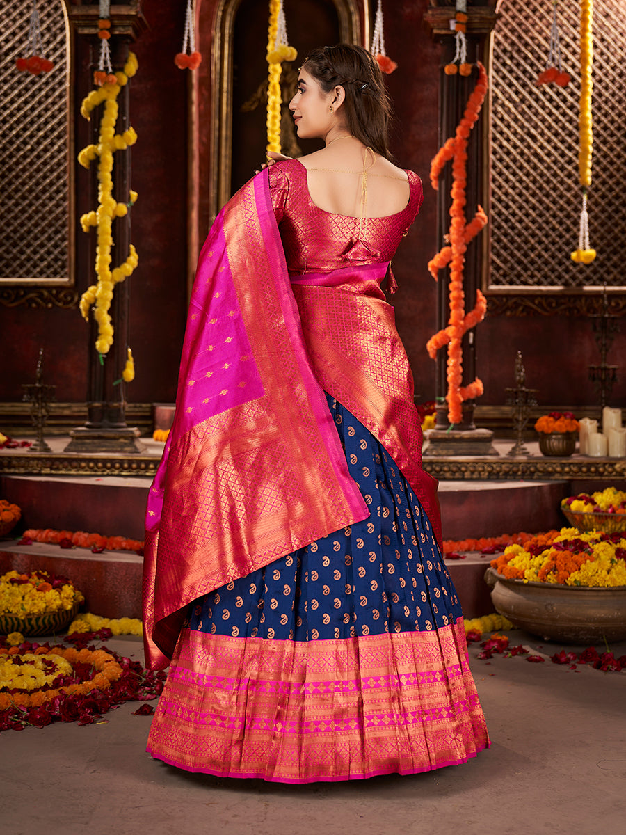 Royal Blue & Pink Banarasi Silk Half Saree Lehenga Choli