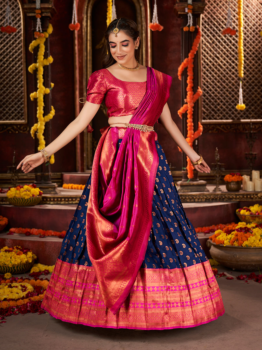 Royal Blue & Pink Banarasi Silk Half Saree Lehenga Choli