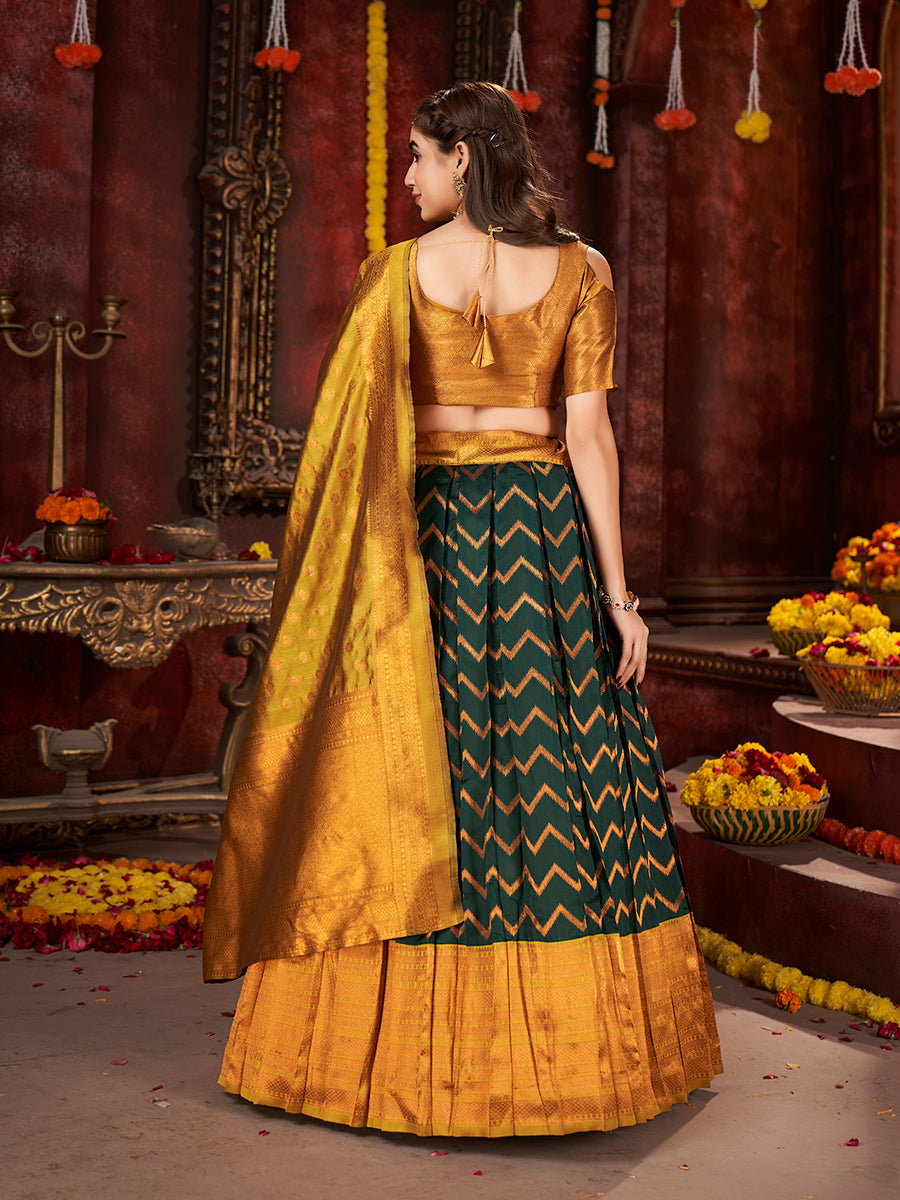 Dark Green & Mustard Banarasi Silk Half Saree Lehenga Choli