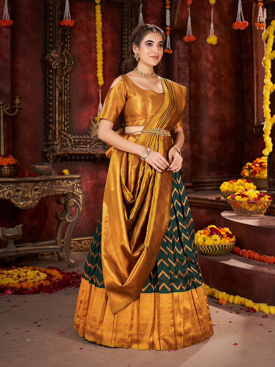 Dark Green & Mustard Banarasi Silk Half Saree Lehenga Choli