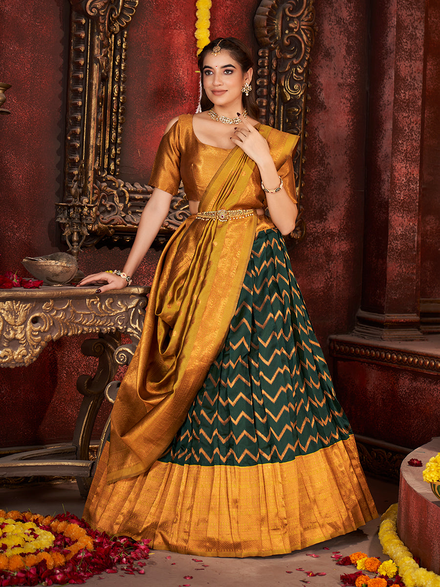 Dark Green & Mustard Banarasi Silk Half Saree Lehenga Choli