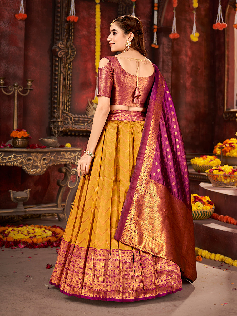 Mustard & Burgundy Banarasi Silk Half Saree Lehenga Choli