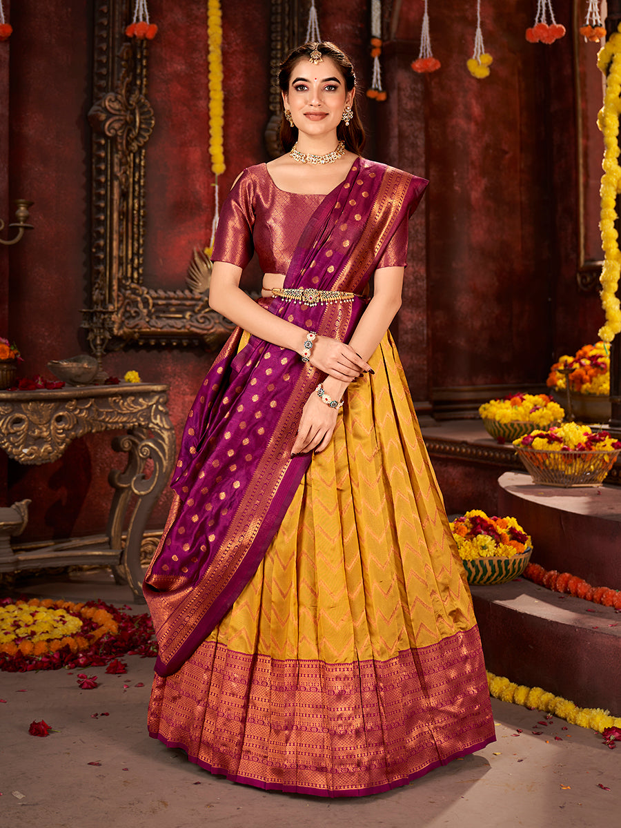 Mustard & Burgundy Banarasi Silk Half Saree Lehenga Choli